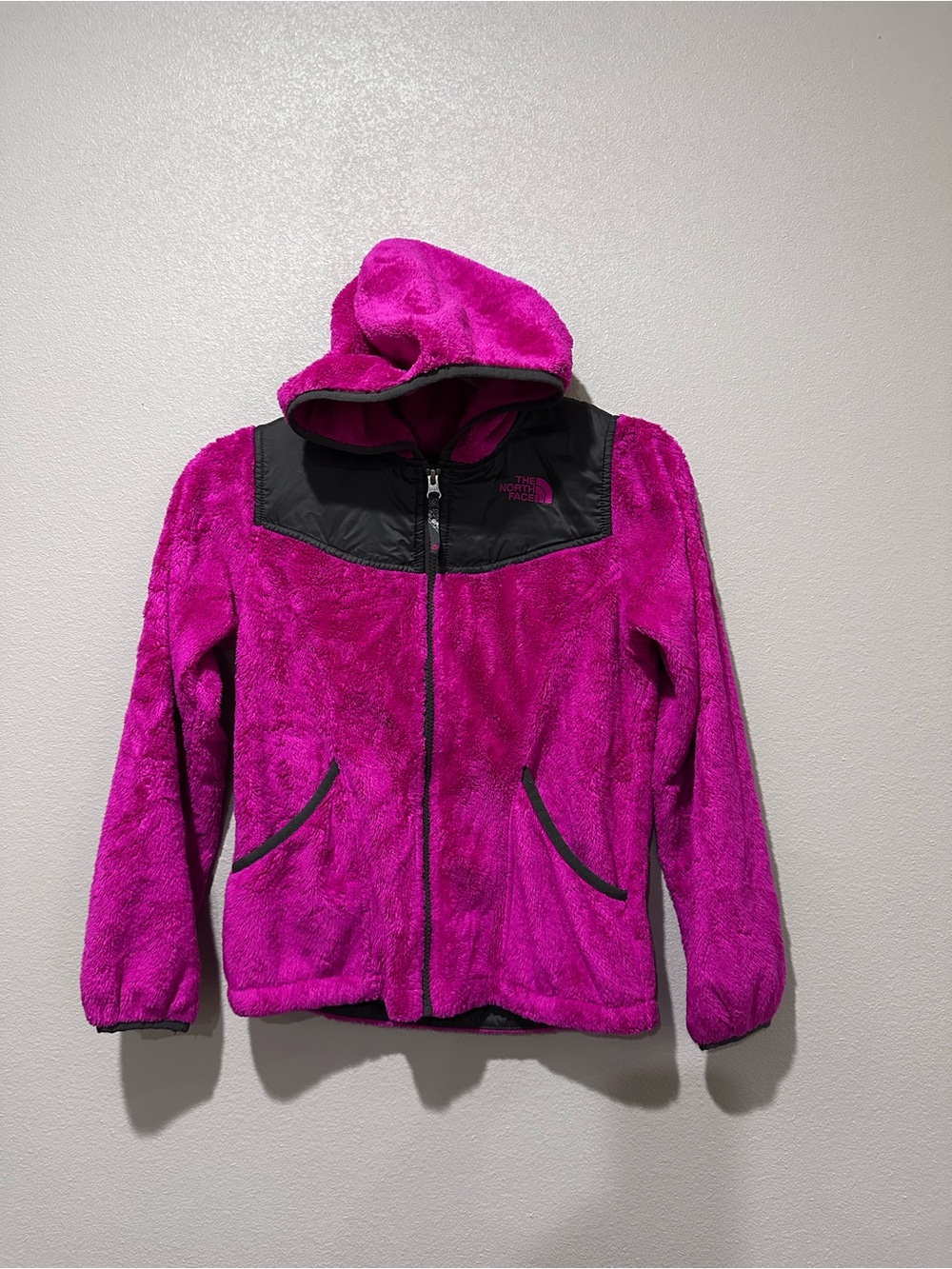 The North Face Girls' Bright Pink Hooded Fleece Jacket with Black Yoke